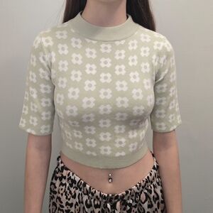 Princess Polly Green White Floral Mock Neck Sweater Women's Size Small S/M